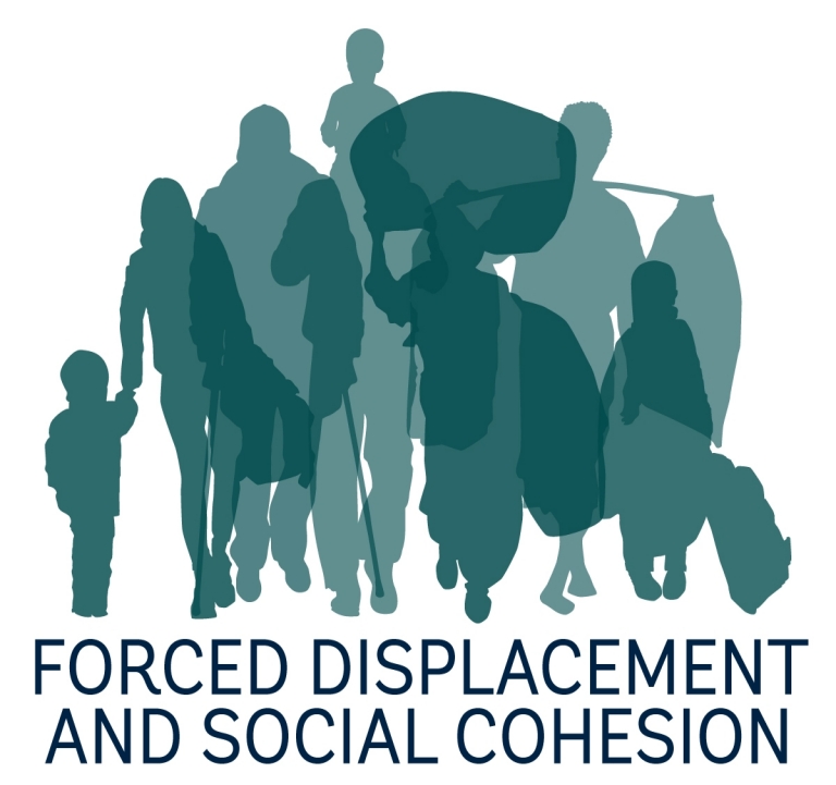 Forcibly displaced people, in green silhouette, walking 