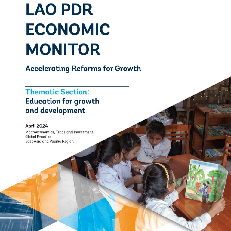 Cover of Lao Economic Monitor Report, April 2023. Shows typical Lao primary school classroom scene