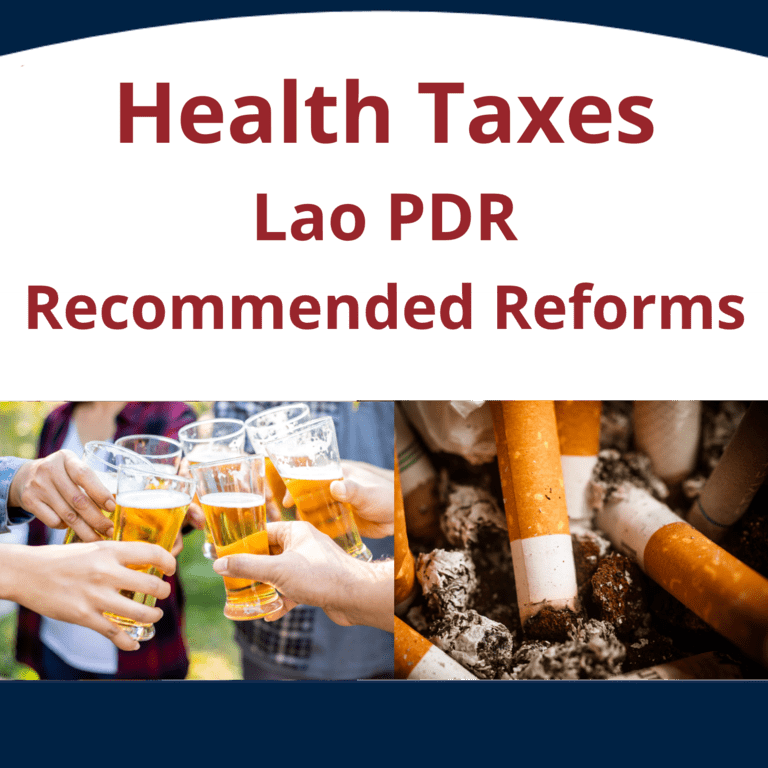 Health Tax Reform Lao PDR with images of beer glasses and cigarette butts. 
