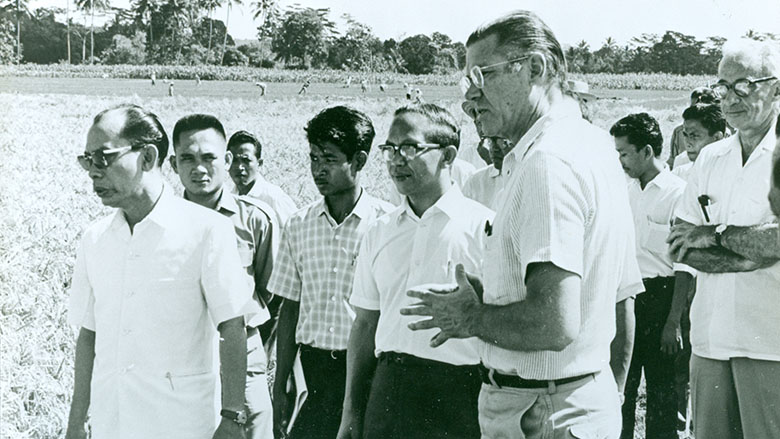 President McNamara meeting with a local delegation from Indoensia during his visit to the country in 1968.