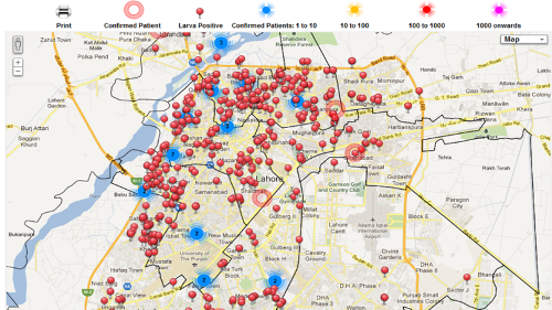 Real-time map showing dengue spread and anti-dengue activities in Lahore in 2012.