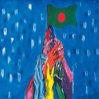 Illustration of hand collecting forming a mountain holding the Bangladesh flag 