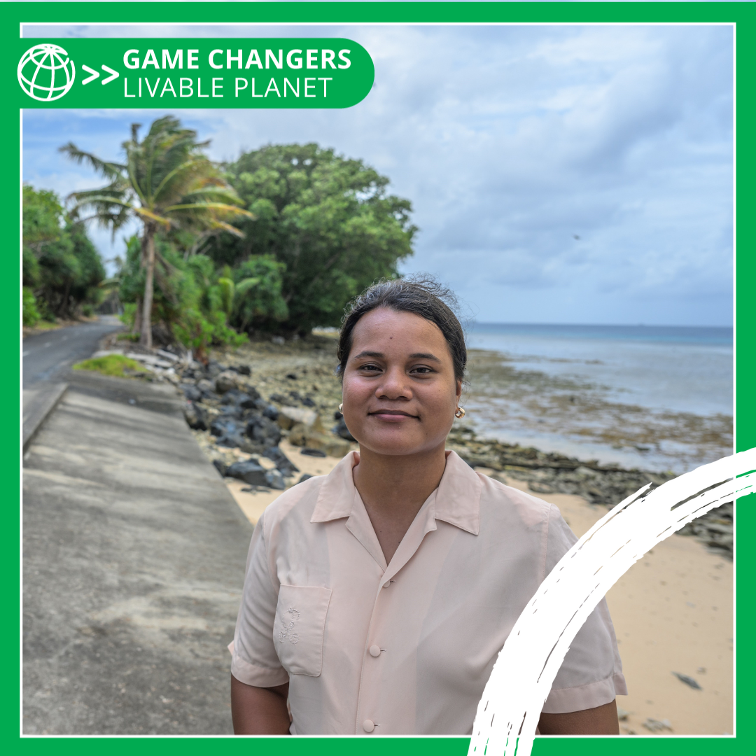 Portrait of Youth Climate Activist Grace Malie with the Tuvalu shore in the background - with Game Changers branding