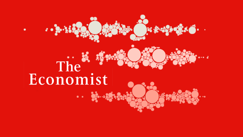 The Economist magazine logo with three sets of bubbles against a red background