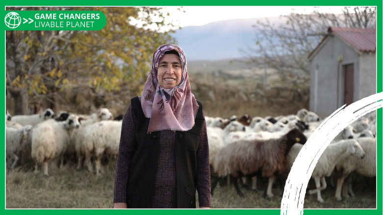 Portrait of a farmer with her sheep in Türkiye.