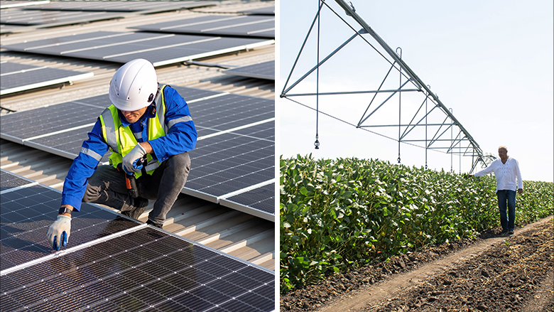 Worker with solar panels, farmer with crops