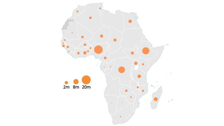 Africa Map showing 80 million unbanked adults receive agricultural payments only in cash