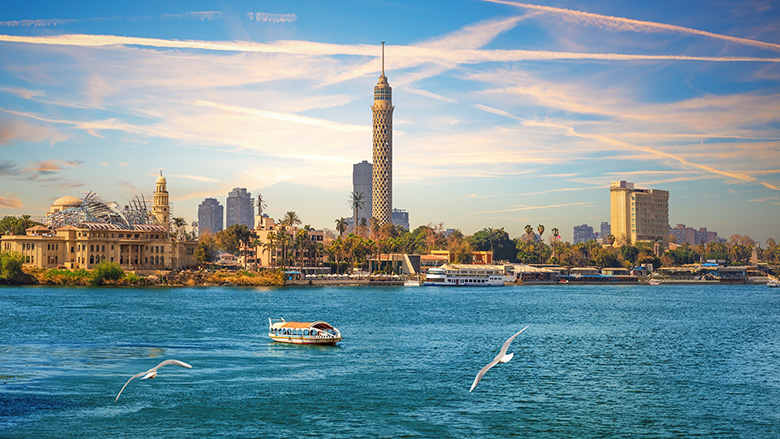 View on the Cairo Tower at sunset in Gezira island in the Nile, Egypt